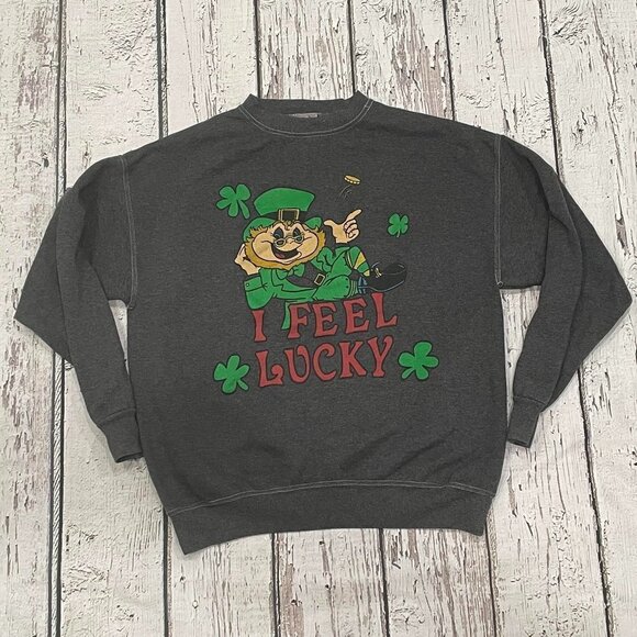 Vintage St. Patrick's Day Irish Ireland I Feel Lucky Leprechaun 1980s Sweatshirt - Picture 1 of 4